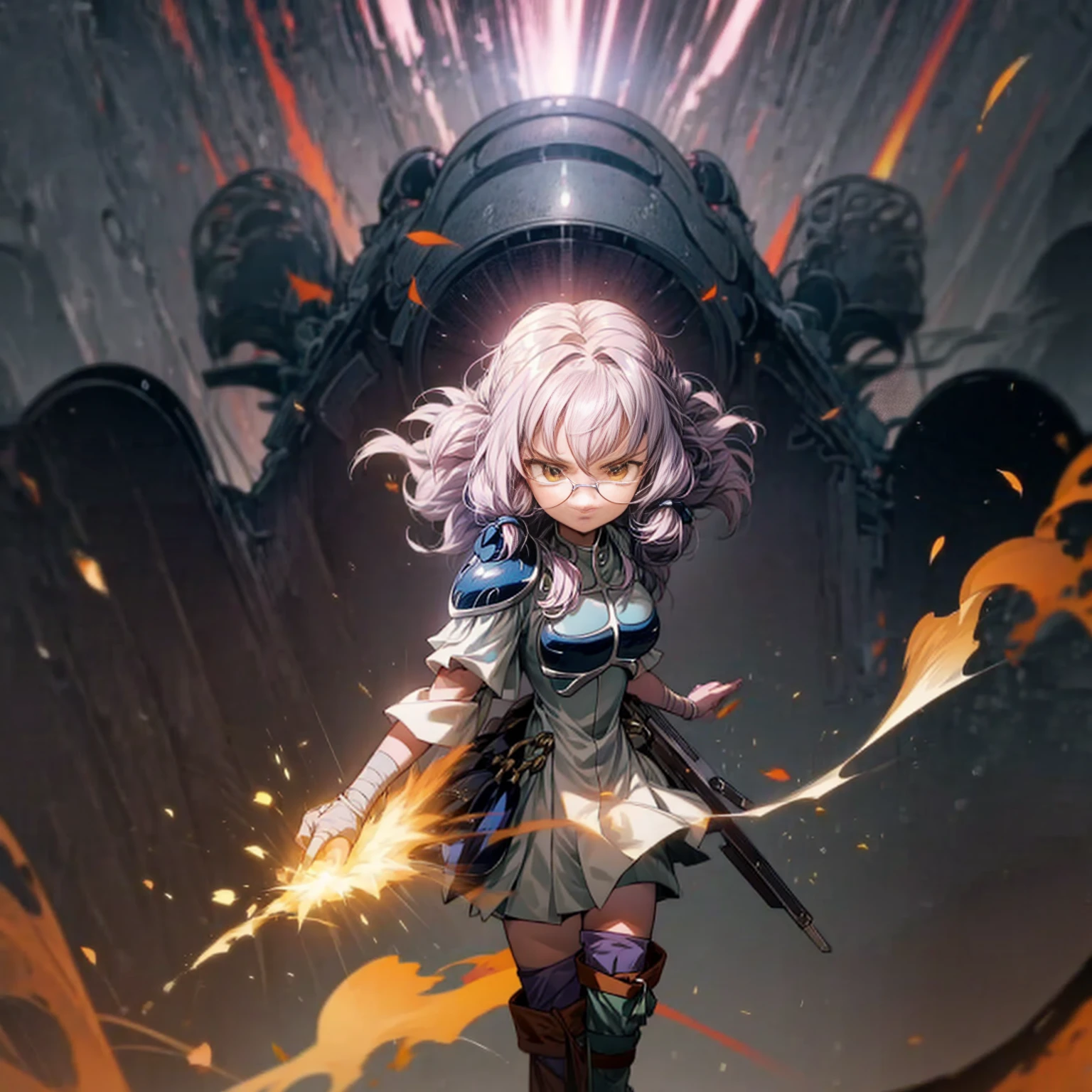1tall girl, 1character, gold eyes, long Curly haircut, lavender color hair, army style clothing, white glasses, Long socks, boots army, full iron armor, bandage on hand, Grassroots, background in top of the building, motion blur, (dragon ball style art), Big robot gun in hand, smoke effect, aura effect, Fire, lighting fire, plasma effect, fire city, (half body view version, angry eyes)