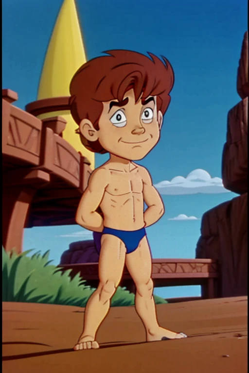 a redhead cartoon character, ((He's wearing only an underwear)), a young male wizard, 1980s cartoon, animated episode still, Presto (((mad)))