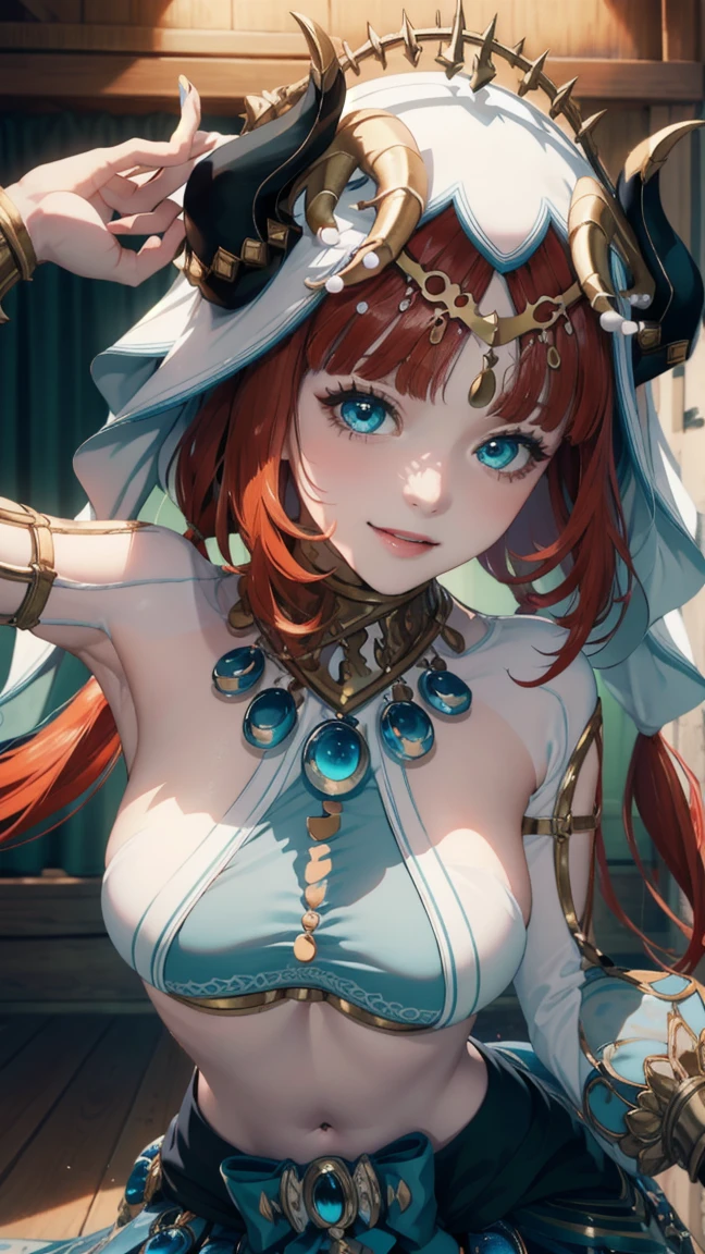 ((Masterpiece)),(Best Quality),((ultra-detailed)), (beautiful detailed face), depth of field,detailed,((beautiful detailed eyes)), big breasts, niloudef, dark skin, portrait 3:4, belly dance pose, sensual, seductive. Theater stage background. smiling.
