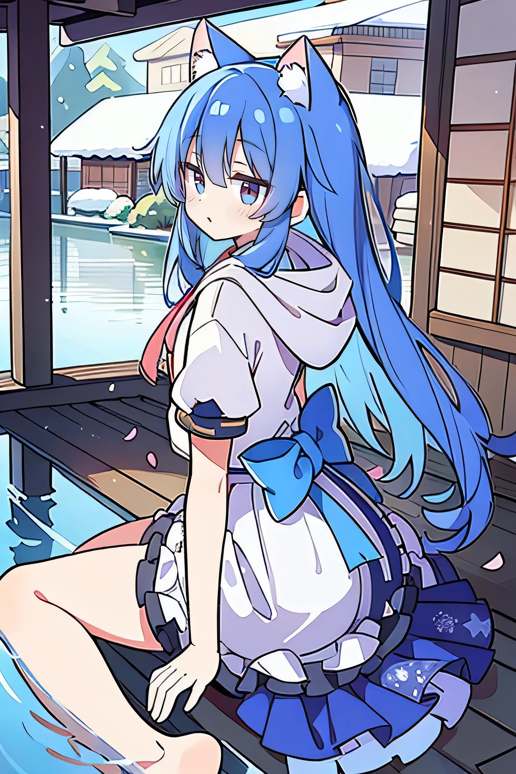 （masterpiece：1.2），Super detailed，lifelike，Expressive eyes，fair skin，perfect face shape，1 girl，
Japanese comics,Gorgeous blue hair,flowing blue hair,flowing clothes,Cat ears,Petals fall,beautiful lola,Baby Angel,
Shaking head with one hand，Cross your legs，Gentle and peaceful background，The pavilion is cool and comfortable,smile, wearing hoodie, background of tokyo,back views,snowing, winter,lie on the water. 