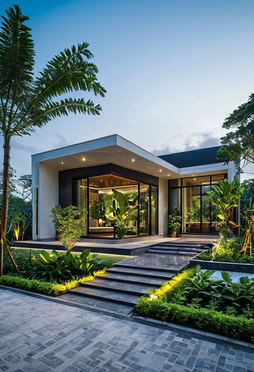 A garden villa typically features luxurious and spacious architecture. It is often designed with an open space leading to a lush tropical garden and a small pool at the back of the house. This creates a peaceful and relaxing environment for the homeowners to enjoy,dynamic (RAW photo, real, best quality, masterpiece:1.2), (hyper realistic, photo-realistic:1.2), high quality, (dark lighting:1.2), perfect lighting, archdaily, architecture digest award wining sustainable architecture, cinematic