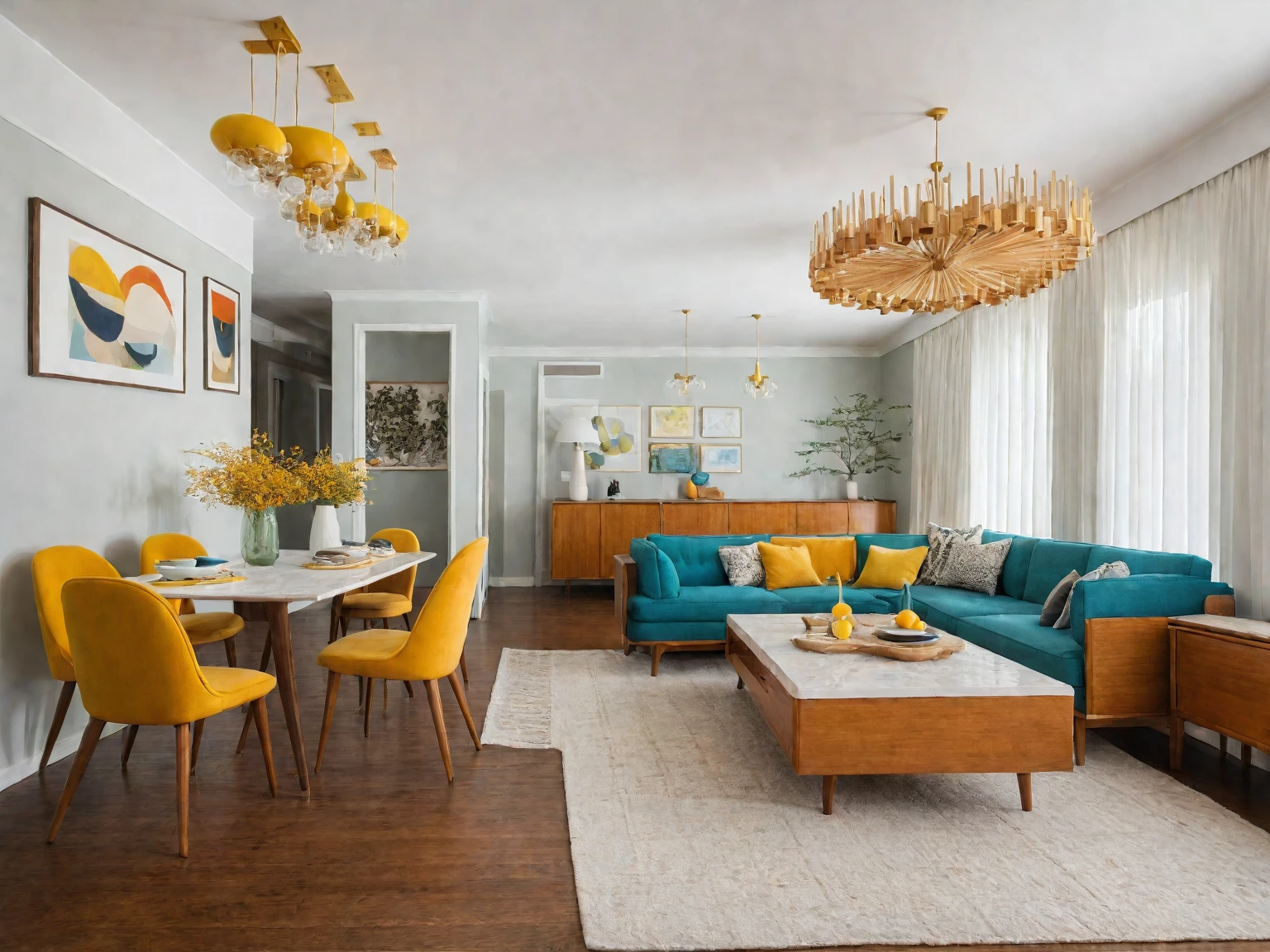 Raw photo, Masterpiece, high quality, best quality, authentic, super detail, Mid-Century Modern,

Celebrates the design of the 1950s and 1960s with clean lines, organic shapes, and pops of bold color,
A neutral base of white, gray, or black is accented with pops of mustard yellow, orange, teal, or olive green. Wood tones and geometric patterns are also signature elements,