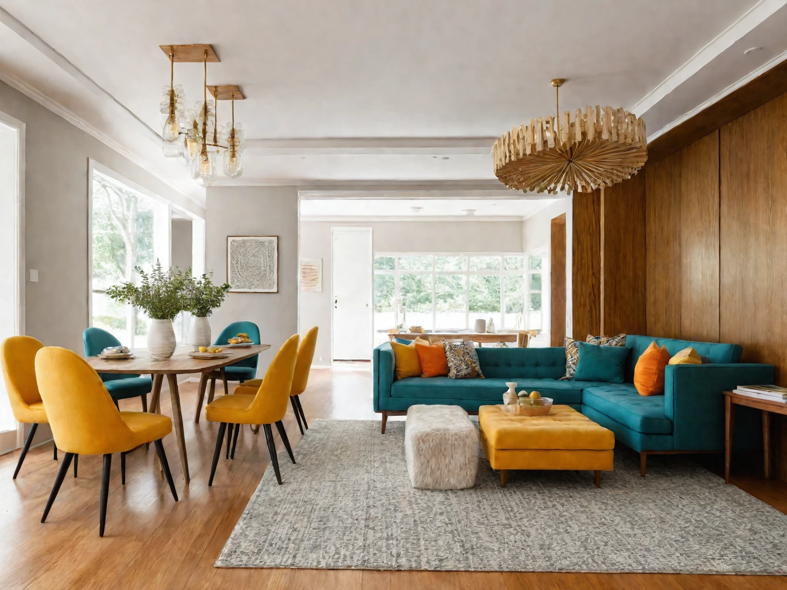 Raw photo, Masterpiece, high quality, best quality, authentic, super detail, Mid-Century Modern,
Celebrates the design of the 1950s and 1960s with clean lines, organic shapes, and pops of bold color,
A neutral base of white, gray, or black is accented with pops of mustard yellow, orange, teal, or olive green. Wood tones and geometric patterns are also signature elements,