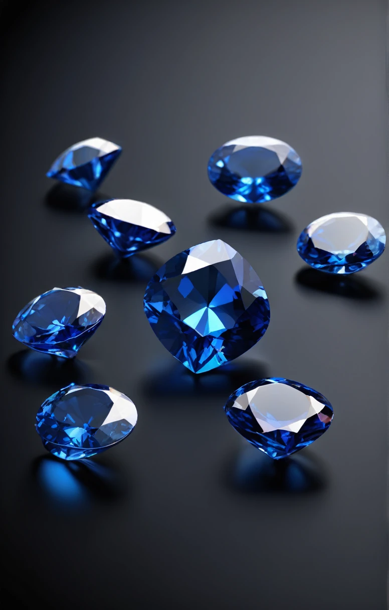 3D icon blue sapphires in a slide lie on a black background