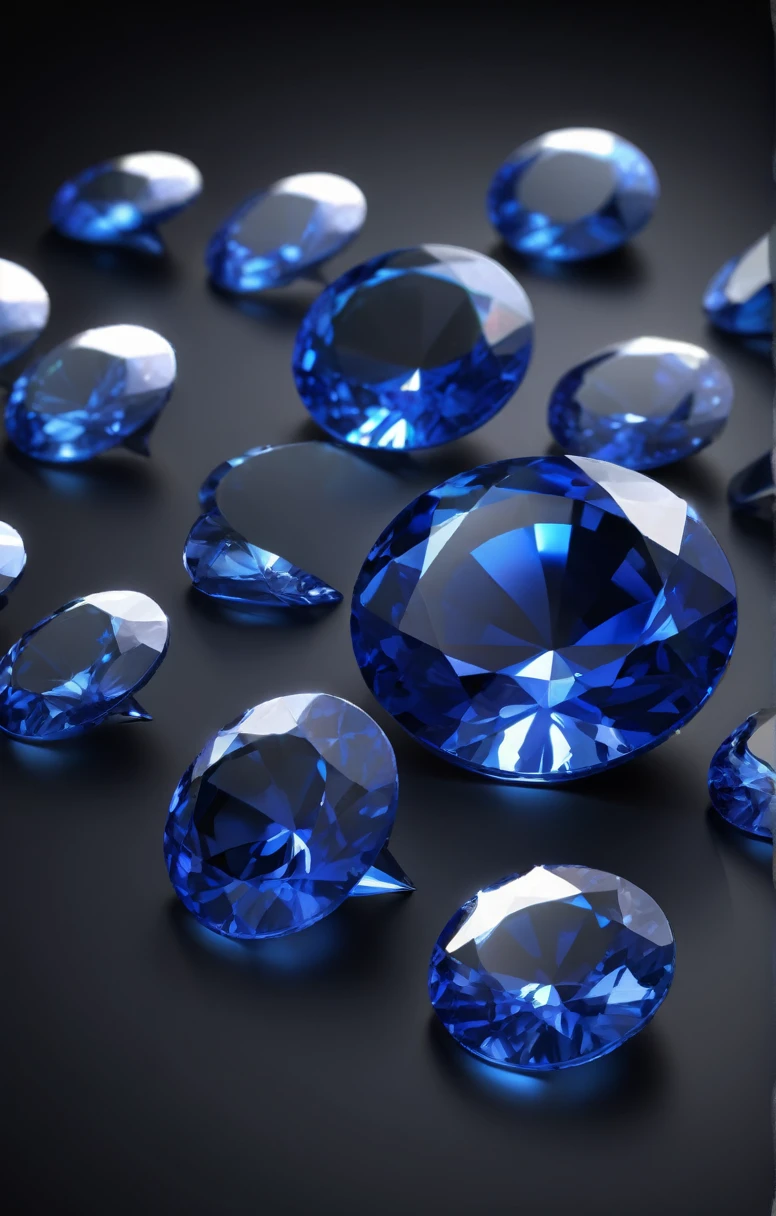 3D icon blue sapphires in a slide lie on a black background