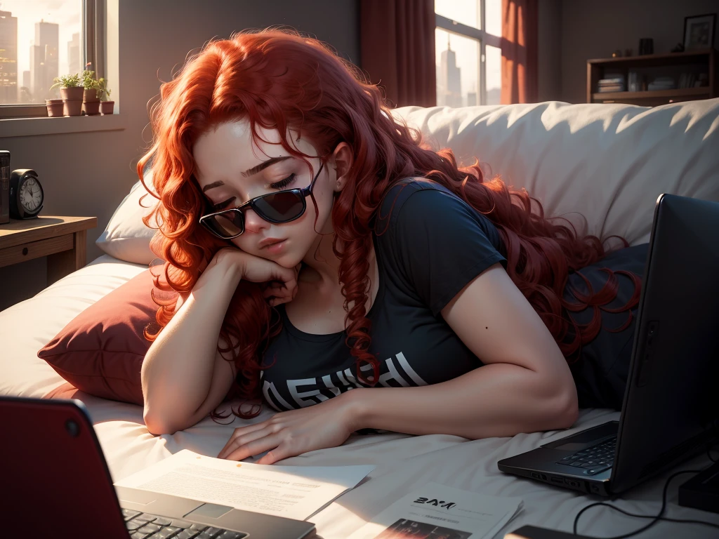 Girl with red curly hair sleeping on bed, The girl is asleep, lying on a pillow, covered eyes, The Sleeping Man, Bed by the window, Space outside the window, Cyberpunk room, computer, computer desk