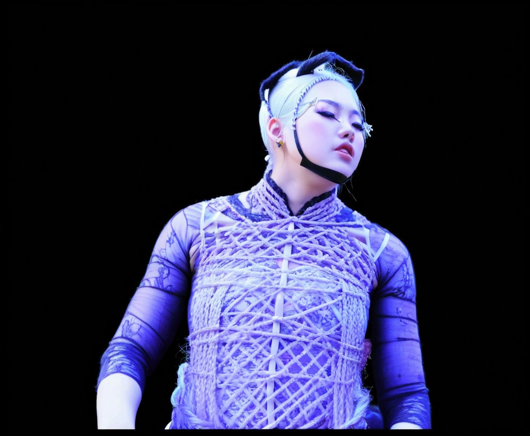 1girl, solo, white hair, double ponytail, cat ears, blush, open mouth, navel, nipple, sarashi, (kneeling: 1.3), bondage, (shibari), bound, (back of hand: 1.4), rope, binding weapon,Masterpiece