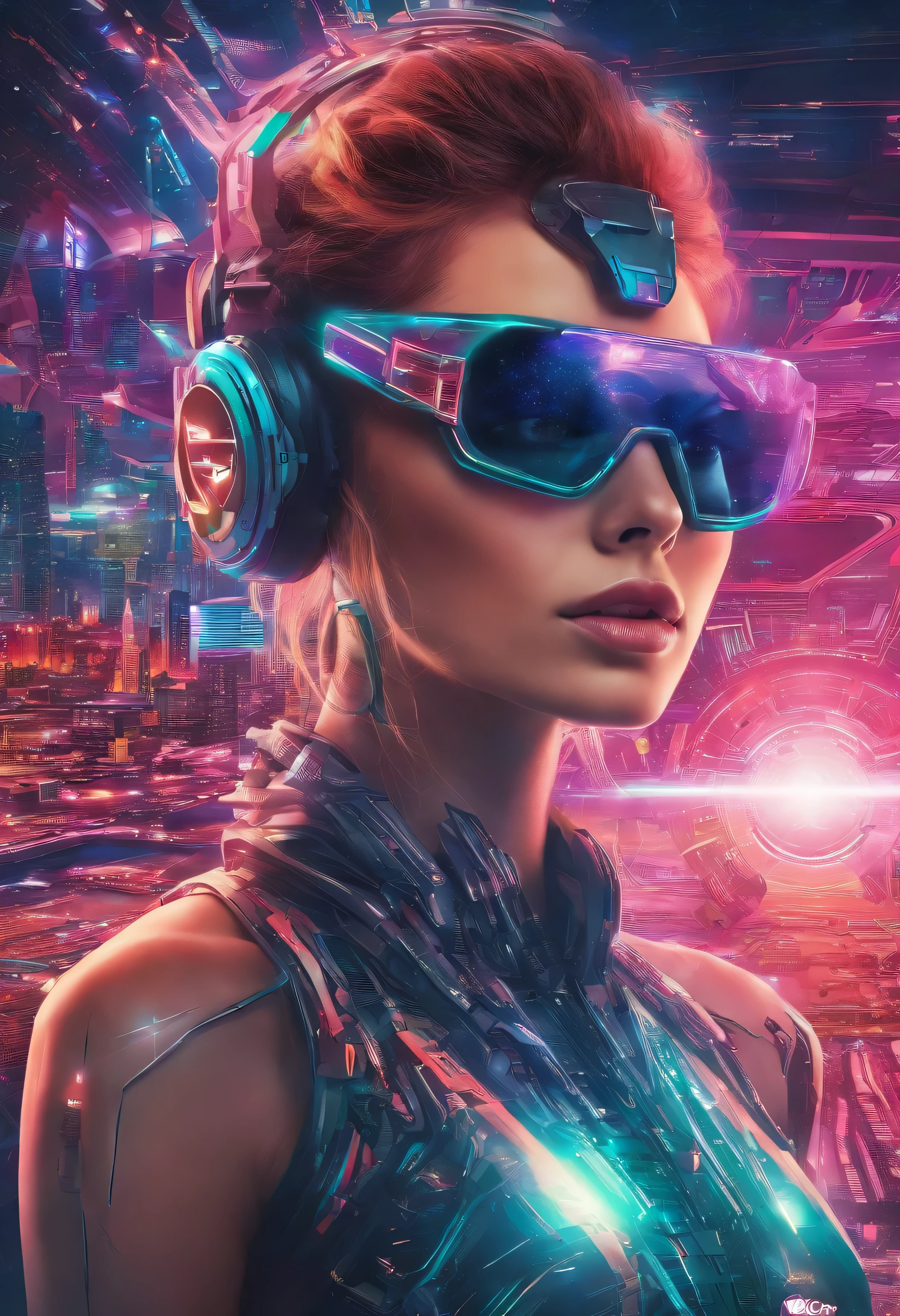 a woman with sunglasses and a headband in front of a futuristic background, 8k stunning artwork, beautiful cyberpunk girl face, cyberpunk eye wear, the cyberpunk girl portrait, cyberpunk beautiful girl, digital artwork 4 k, dreamy cyberpunk girl, beautiful art uhd 4 k, 4k highly detailed digital art, cyberpunk vibrant colors, 8 0's style tomasz alen kopera