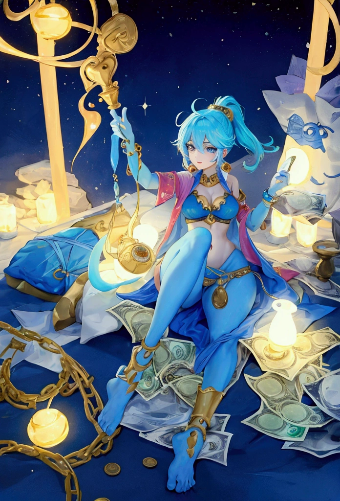 A genie showing money 