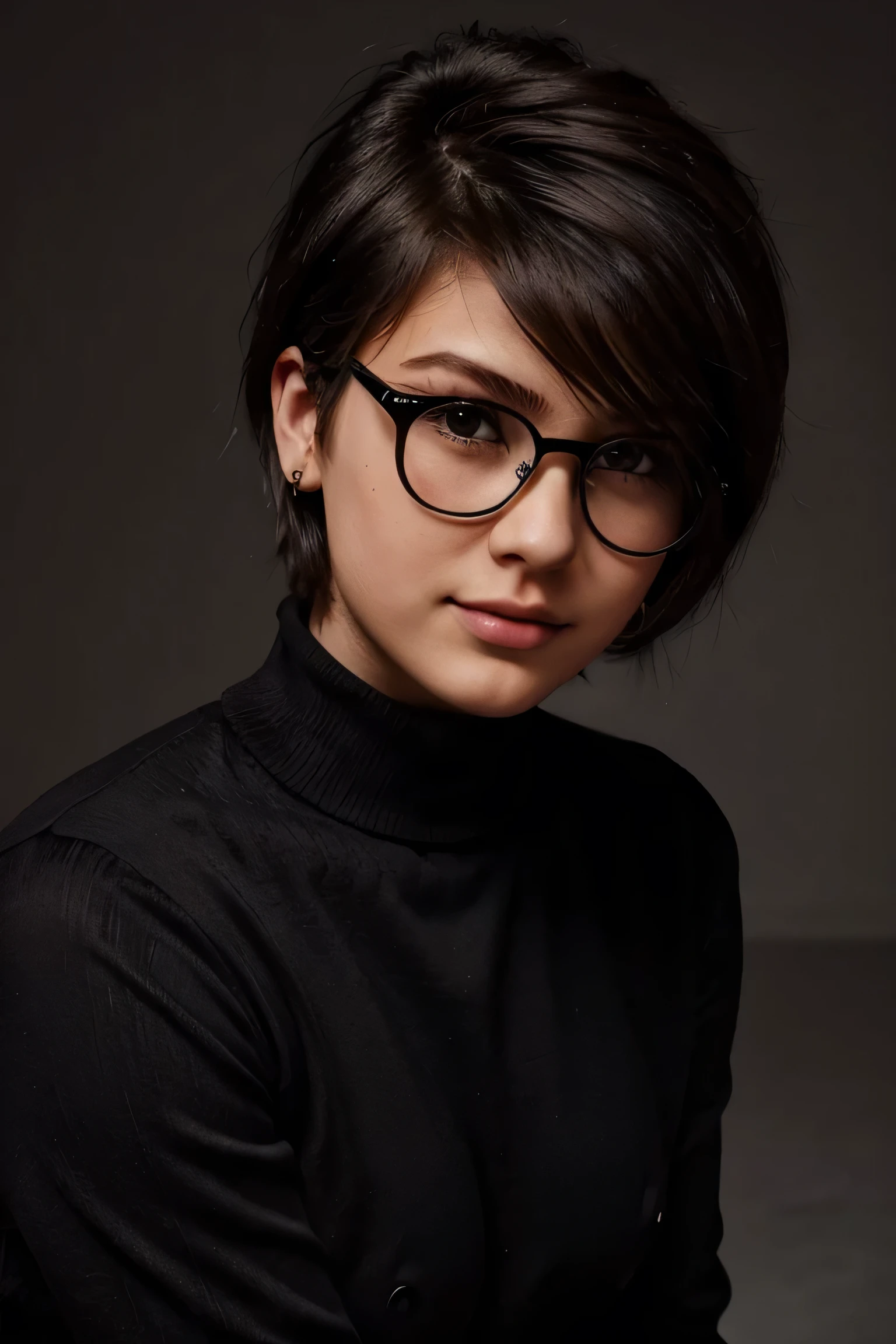 B&W photo, masterpiece, Humanity, Charming chubby Russian fashion model 22 years old with aesthetic small breasts, round face, round cheeks, round chin, beautiful proportional small wide nose, dark brown eyes, long eyelashes, Sarcastic Look, glasses with lenses, plump sensual lips, ironic one-sided half-smile, very tousled dark brown tousled short hair, spiky tousled hair, black turtleneck sweater, gray background Portrait-Medium plan