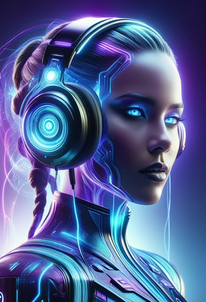 A highly detailed and vibrant image of a futuristic female DJ with headphones. The DJ's face is serene, with a mix of human and ethereal elements, glowing in shades of blue and purple. The background should be transparent, focusing solely on the DJ. 