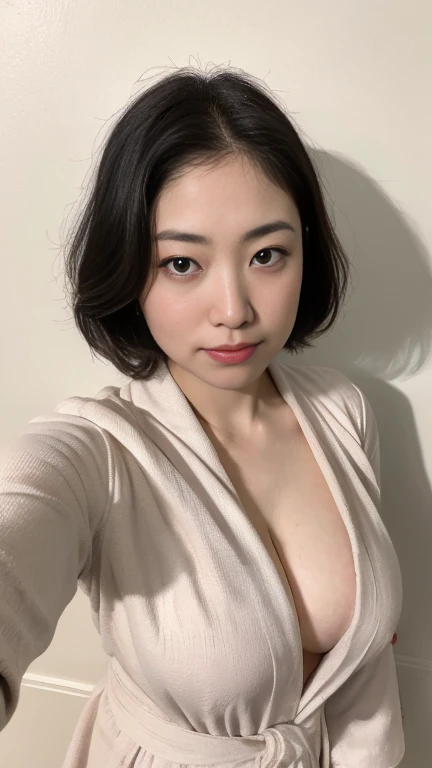 Highest quality,masterpiece,Ultra-high resolution,(Realistic:1.4),Beautiful lighting, (Highly detailed CG Unity 8K wallpapers), Beautiful face in every detail,Detailed clothing, 50mm portrait photography, No background、One Girl,Big black eyes, cute, young, Temporarily stop, Facial Lighting, Physically Based Rendering,Written boundary depth , Black Hair, short hair, ((Shoot from above)), Japanese women、20-year-old、Bathrobes、(Big Breasts)、(Upper Body)、Beautiful young woman taking a selfie, Taken with iPhone camera、In front of a white wall、Selfie