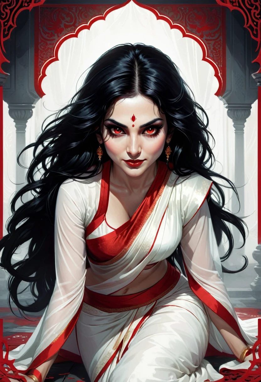 Digital illustration with a dark, eerie style. The layout features a central figure, a woman with long, disheveled black hair, crawling towards the viewer. Her skin is pale, and her eyes are glowing white, giving her a menacing appearance. She has a wide, sinister grin with sharp teeth. The woman is dressed in a white sari with red borders.