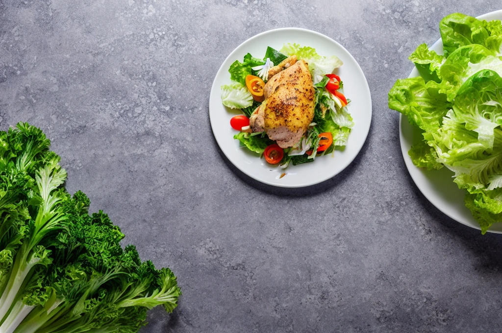 there is a plate of food with chicken, vegetables and lettuce, best on adobe stock, on clear background, background is white, salad, the background is white, high quality food photography, high quality product image”, on a gray background, plain background, high quality image, shutterstock, on grey background, high quality photos, white bg, transparent background