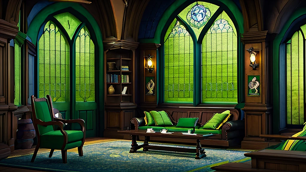 masterpiece,Highest quality,Realistic illustrations,Classic,Fantasy Full HD,Dark Room,Wide々,Arched Windows,Dark navy green carpet,green and bronze silk hangs on the walls,machine,Chair,Book棚,Quill pen,Book,Luna Lovegood «Ravenclaw Common Room» «Harry Potter Movie World»
