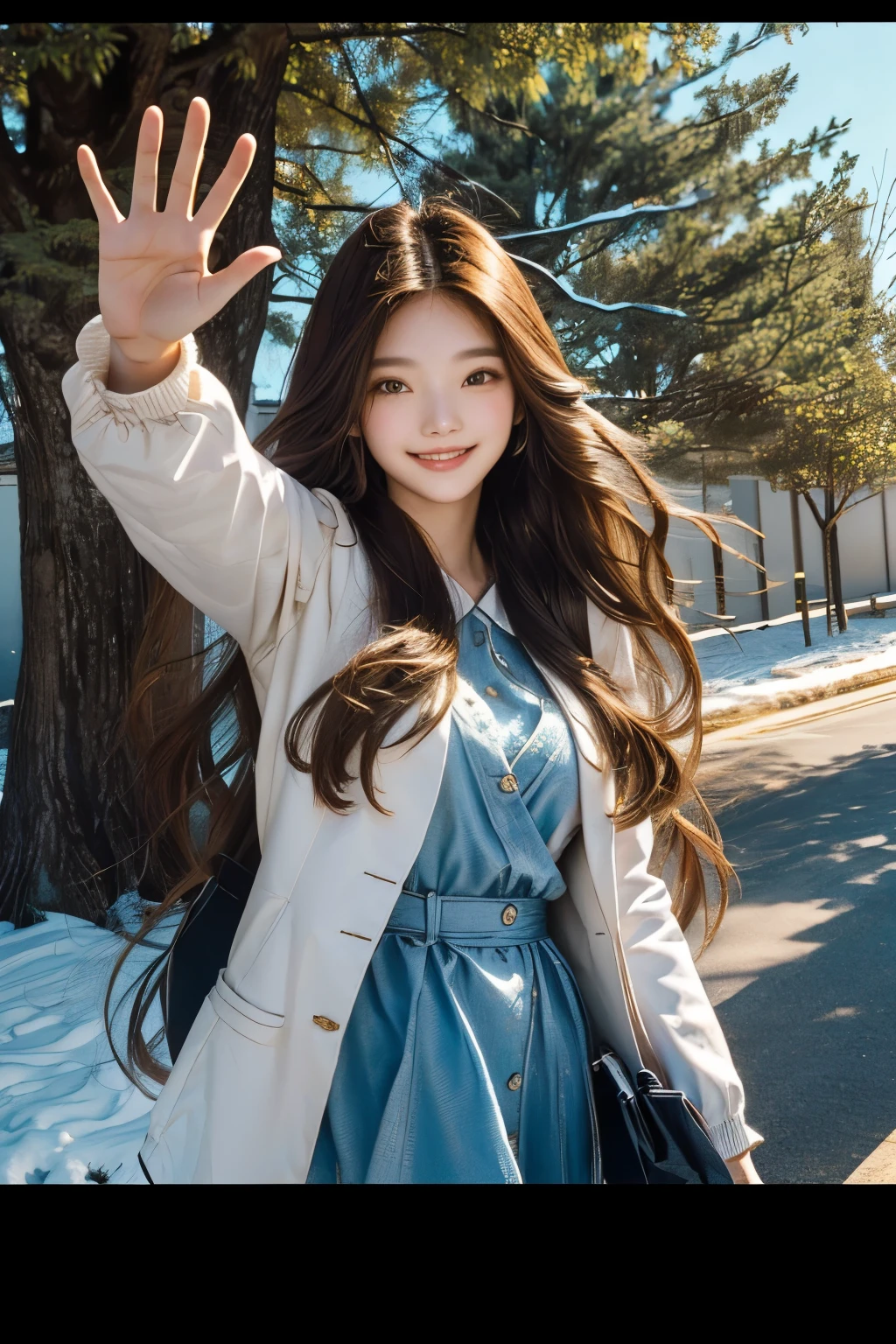 Close up of person holding camera and standing near tree, with long hair, waving at the camera, long hair girl, waving hands and smiling, Long hair wind, Twice's Tzuyu, dancing in the background, wave one's hand at the camera, she has a cute face, attractive pose, very beautiful cute cat girl, waist long hair