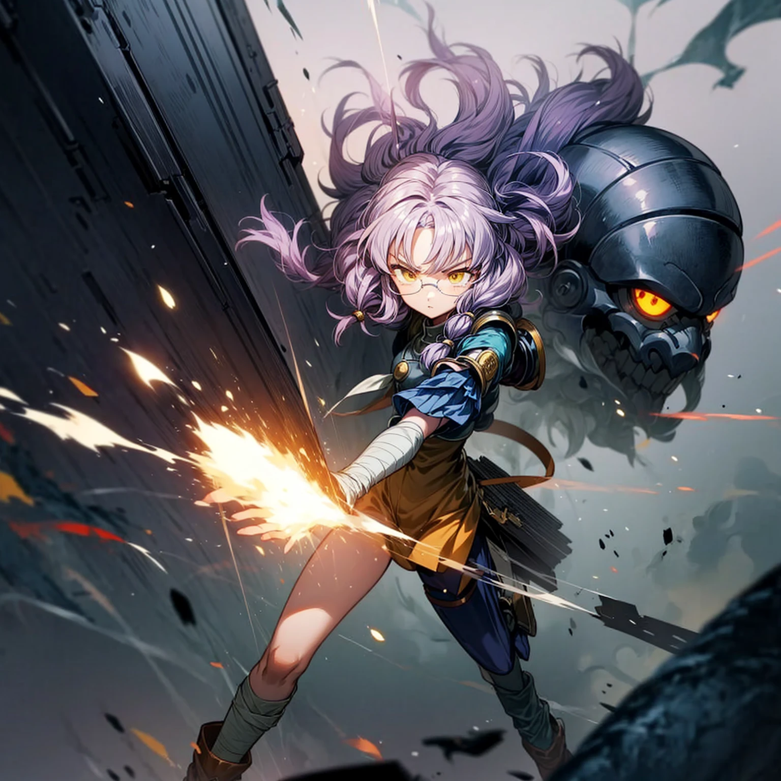 1tall girl, 1character, gold eyes, long Curly haircut, lavender color hair, army style clothing, white glasses, Long socks, boots army,  full iron armor, bandage on hand, Grassroots, background in top of the building, motion blur, (dragon ball style art), Big robot gun in hand, smoke effect, aura effect, Fire, lighting fire, plasma effect, fire city, (half body view version, angry eyes)