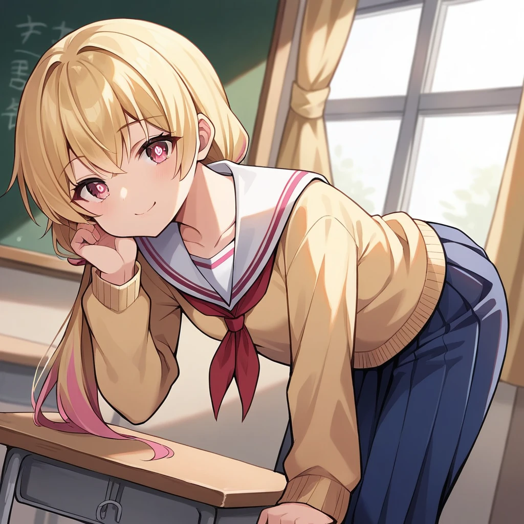score_9, score_8_up, score_7_up, source_anime,
rubyhoshino, ruby hoshino, long hair, bangs, blonde hair, pink eyes, sidelocks, symbol-shaped pupils, multicolored hair, two-tone hair,
side ponytail, long sleeves, , serafuku, sailor collar, neckerchief, cardigan, red neckerchief, white sailor collar, skirt, blue skirt,
indoors, classroom, bent over, smile,
looking at viewer, cowboy shot, dutch angle, solo,shirt, long sleeves, sweater, clothes writing, yellow shirt,shirt, twintails, pants, low twintails, t-shirt, clothes writing, pink shirt,