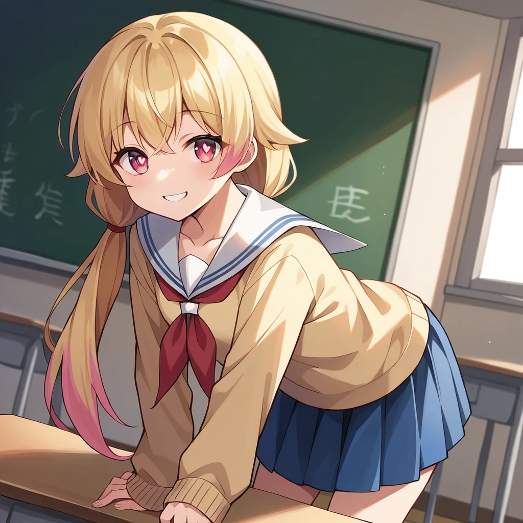 score_9, score_8_up, score_7_up, source_anime,
rubyhoshino, ruby hoshino, long hair, bangs, blonde hair, pink eyes, sidelocks, symbol-shaped pupils, multicolored hair, two-tone hair,
side ponytail, long sleeves, , serafuku, sailor collar, neckerchief, cardigan, red neckerchief, white sailor collar, skirt, blue skirt,
indoors, classroom, bent over, smile,
looking at viewer, cowboy shot, dutch angle, solo,shirt, long sleeves, sweater, clothes writing, yellow shirt,shirt, twintails, pants, low twintails, t-shirt, clothes writing, pink shirt,