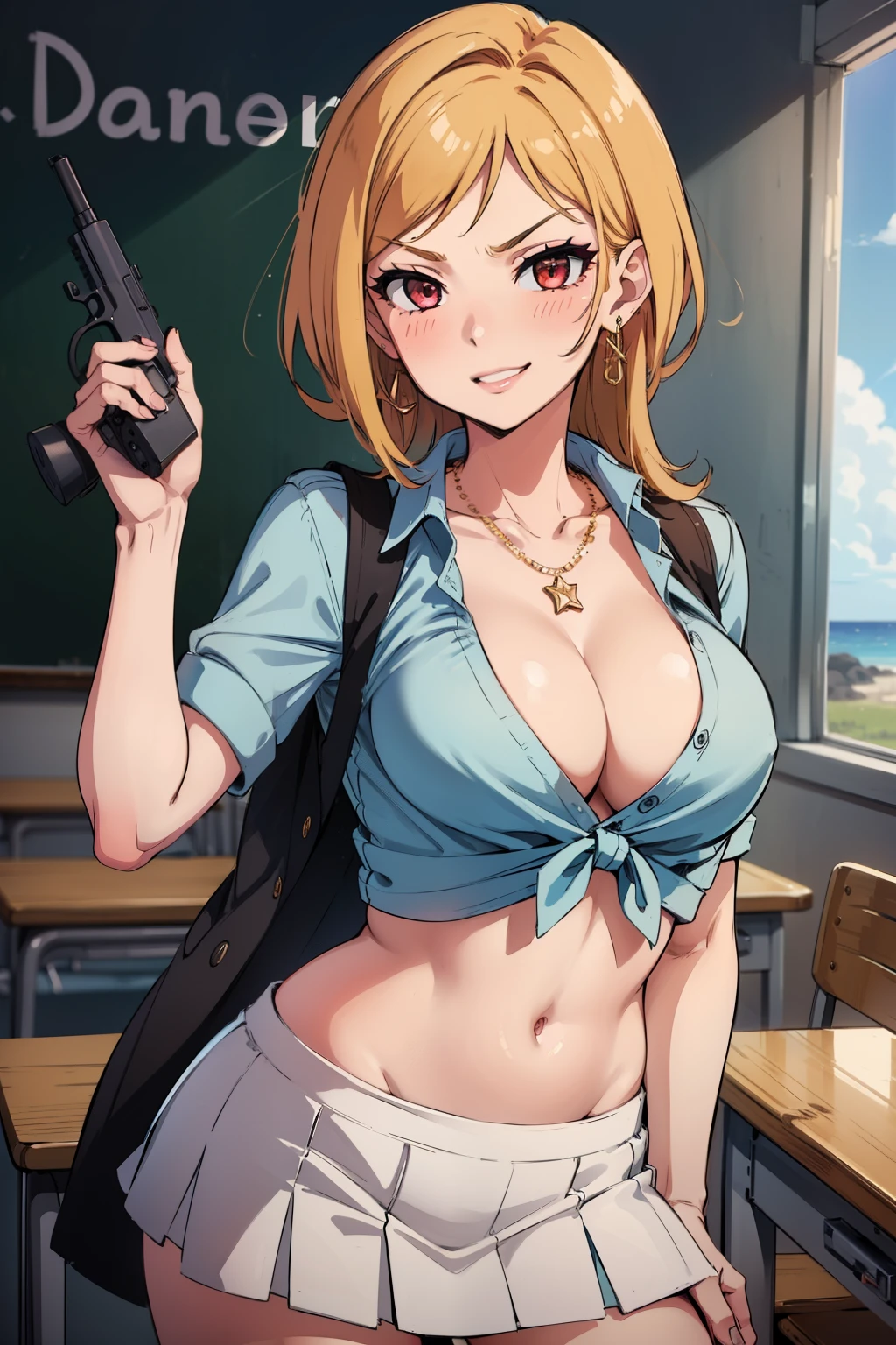 rio momose, lipstick, blush, Hot girls, baddie, staring, glaring, bad attitude, mean girl, dare, angry, hate, crazy, smoking, sensual, attractive, masterpiece, best quality, ((unbuttoned , cleavage, necklace, earrings, sexy body, breasts)) , micro skirt, smiling, navel , exposed belly, exposed navel,school,knot, classroom , holding a gun, hold a gun,holding pistol,