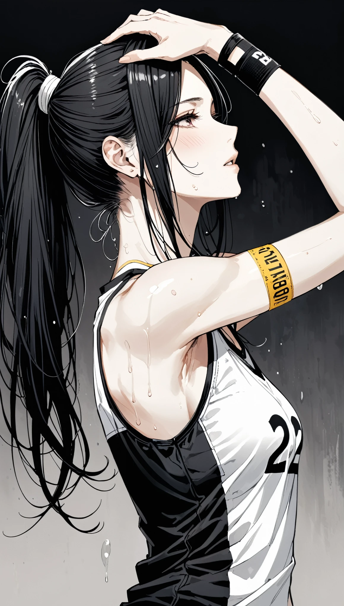 in style of Santiago Caruso, 1girl, 独奏, White skin，Lift over head，Grab your elbows，Armpits，from the side，edge，，White Volleyball Vest，Black long hair，High Ponytail，Head rope，blush，sweat，Wet hair，halfbody，black elbow pads，Finger Band-Aid，Number 22 shirt，Flat black and white painting，Big ，skinnybody,wideangle shot,