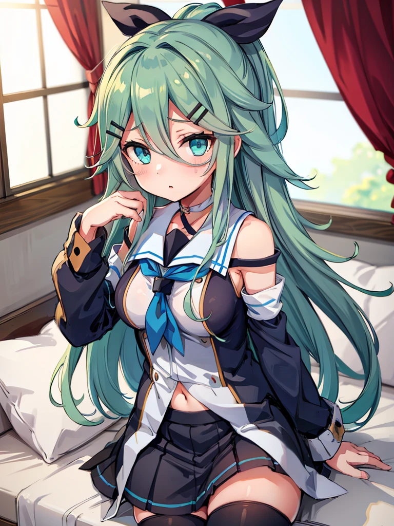 highest quality, masterpiece, High resolution, alone, 1 girl, ligt skirt, ((show panties)), striped panties, yamakazeKC, 1girl, solo, long hair, skirt, hair ornament, thighhighs, ribbon,, hair ribbon, ponytail, detached sleeves, serafuku, hairclip, neckerchief, parted bangs, blue neckerchief