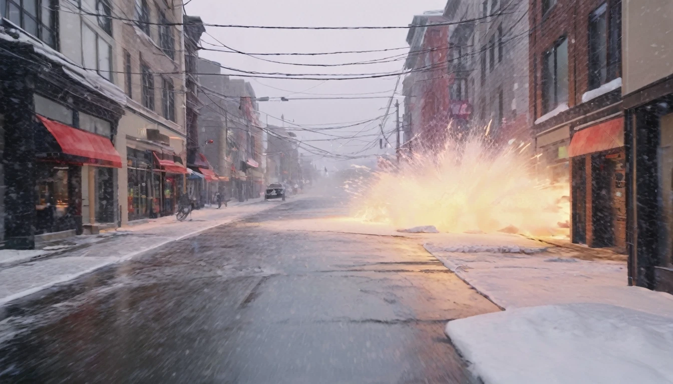 A snowy city street,explode,Water vapor occupies most of the screen,