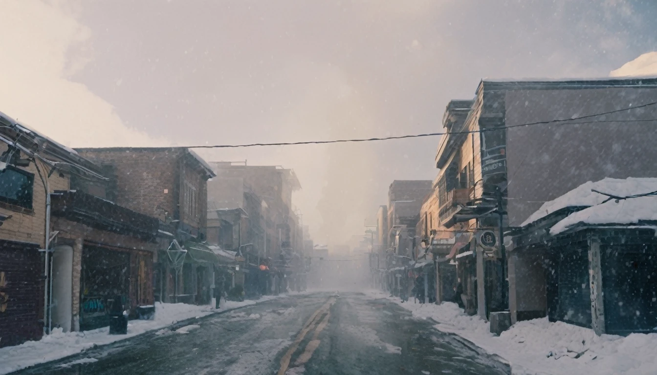 A snowy city street,explode,Water vapor occupies most of the screen,