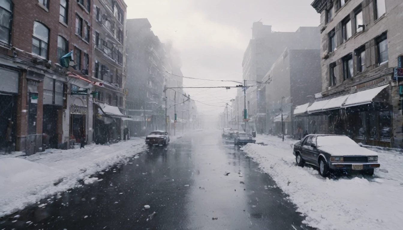 A snowy city street,explode,Water vapor occupies most of the screen,