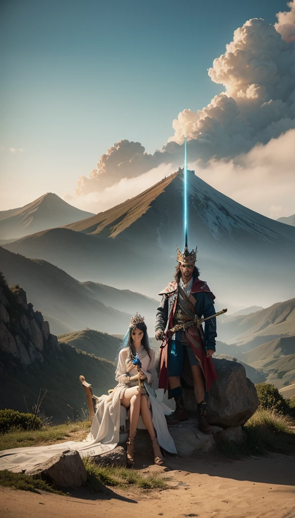 The painting shows a man wearing a crown、Woman holding a sword sitting on a cloud, pete mohrbacher, Peter Moore巴赫 c 2 0, Peter Moore巴赫style, james jean 和 peter mohrbacher, Peter Moore, peter mohrbacher Very detailed, Peter Moore (Peter mohrbacher) style, peter mohrbacher 和 takayuk