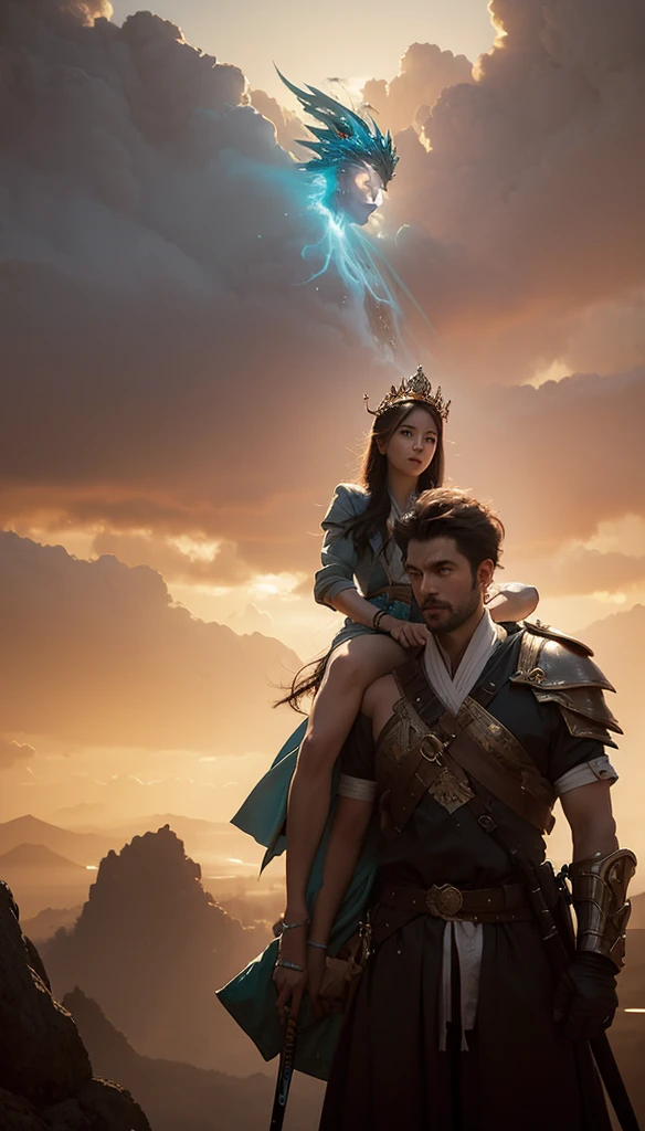 The painting shows a man wearing a crown、Woman holding a sword sitting on a cloud, pete mohrbacher, Peter Moore巴赫 c 2 0, Peter Moore巴赫style, james jean 和 peter mohrbacher, Peter Moore, peter mohrbacher Very detailed, Peter Moore (Peter mohrbacher) style, peter mohrbacher 和 takayuk