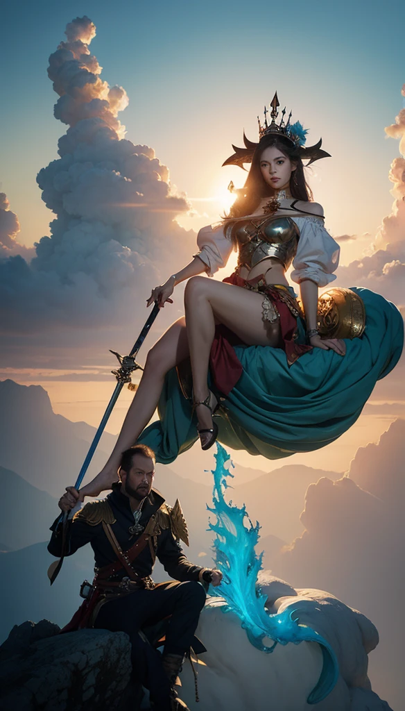 The painting shows a man wearing a crown、Woman holding a sword sitting on a cloud, pete mohrbacher, Peter Moore巴赫 c 2 0, Peter Moore巴赫style, james jean 和 peter mohrbacher, Peter Moore, peter mohrbacher Very detailed, Peter Moore (Peter mohrbacher) style, peter mohrbacher 和 takayuk
