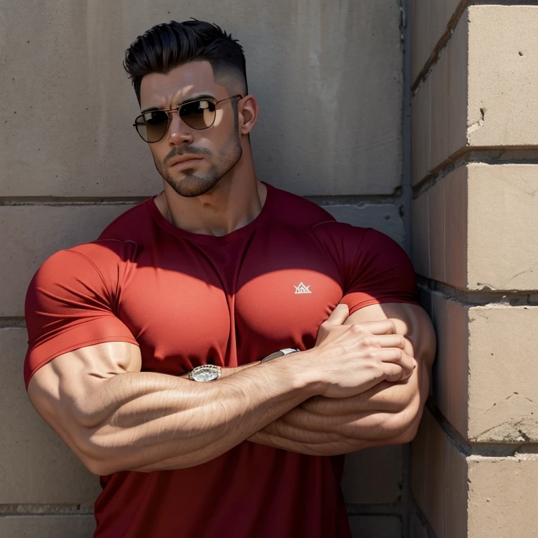 a very handsome man, Mid fade haircut, sunglasses, massively muscular, massively large muscles, massively large muscular and defined body, a red shirt, leaning against a wall, seen up close