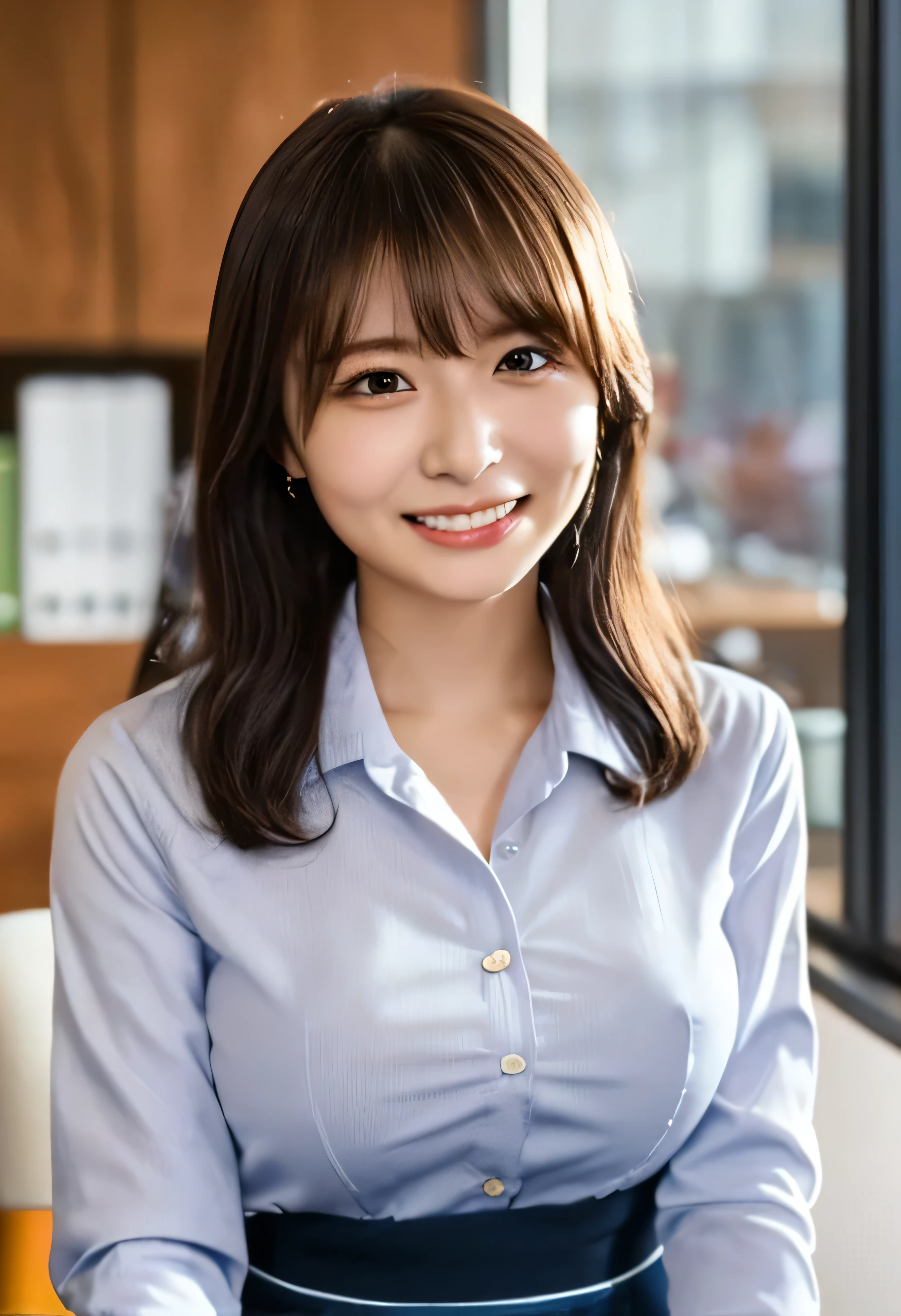 (White collared shirt、Offering tea、Tied up hairstyle、Photo from the waist up:1.4).One Girl, Cool Biz、(Put your hands on the desk and stick your butt out、office、Her natural G-cup breasts are visible even through her clothes、Office Lady Uniform、Cute beauty, Delicate girl:1.3), (24-years-old:1.3),(Smiling with teeth showing、Cute smiling eyes、Cute loose perm、(Fluffy hair、Loose perm、Braid only the bangs:1.4)Braid only the bangs、Fluffy hair、Medium Short Hair、Wearing an office lady skirt、Round and ample breasts、Curved waist、Photo from the waist up:1.4)
Very beautiful eyes, (Office Lady Uniform:1.3), (G-cup big breasts:0.5), Brown eyes, Parted bangs, Light brown hair,
, A face of ecstasy、(The expression of ecstasy、A face of ecstasy:1.0),
, (masterpiece, Highest quality, Super detailed, Detailed face, 8k)