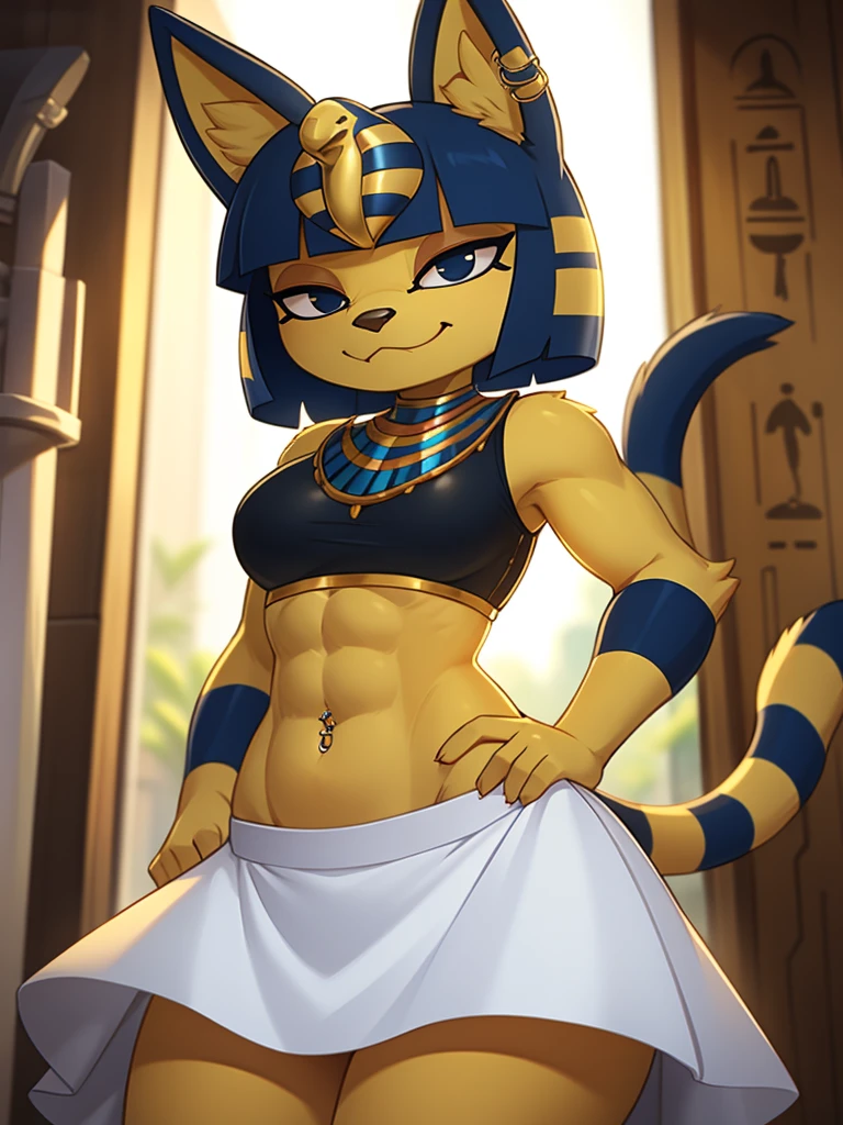 ((best quality)), ((masterpiece)), (detailed), ((2k)), trending on artstation, furry, furry style, anthro style, perfect face, a digital artwork of a sexy Ankha with abs wearing a crop top of her white sleeveless dress with white long dress skirt, a bare midriff, a bare navel, an exposed belly button, Egyptian setting, smug face, tail, blue Egyptian handbands, navel piercing