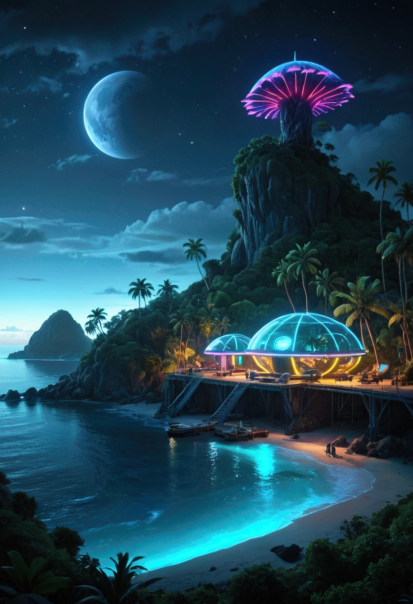 a tropical island, neon light glow, animal, glowing fruit, island at night, coastal landscape, movie lighting, bright colors, Futuristic, concept art, Super detailed, 8k, Realistic, professional, masterpiece