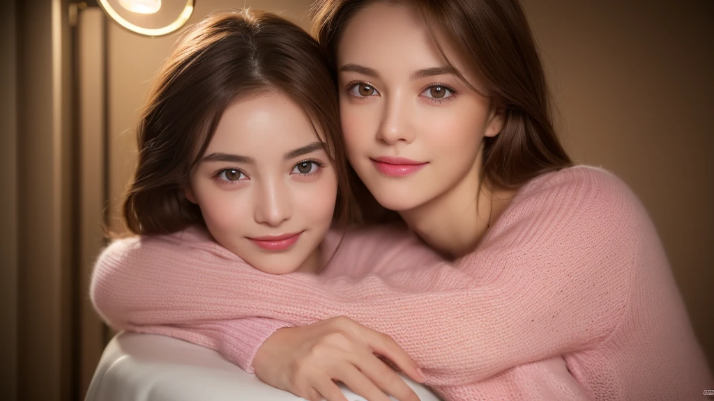 ((night, realistic light, best quality, 8K, masterpiece: 1.3)), 1 girl, slender beauty: 1.4, abdominal muscles: 1.1, (brown hair, medium breasts: 1.3), pink long sweater: 1.1, bathroom, The face is super delicate, exquisite eyes, double eyelids, Smile, necklace