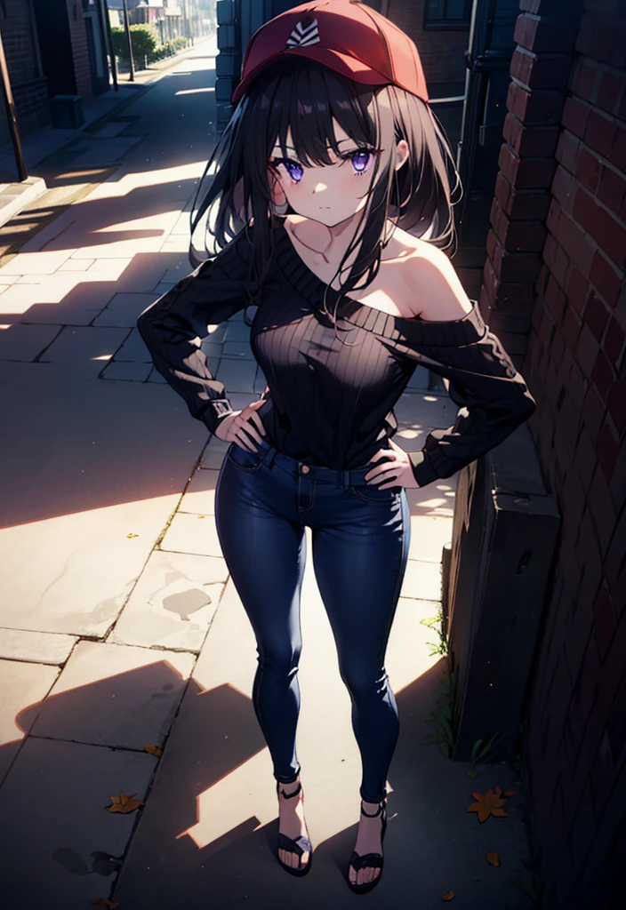 Takiuchikami, Long Hair, bangs, Black Hair, (Purple eyes:1.2),Baseball hats,Blue one-shoulder sweater,Skinny jeans,Stiletto heels,Place one hand on hip,Are standing,whole bodyがイラストに入るように,Daytime,
break outdoors, In town,
break looking at viewer, whole body,
break (masterpiece:1.2), Highest quality, High resolution, unity 8k wallpaper, (figure:0.8), (Beautiful attention to detail:1.6), Highly detailed face, Perfect lighting, Highly detailed CG, (Perfect hands, Perfect Anatomy),
