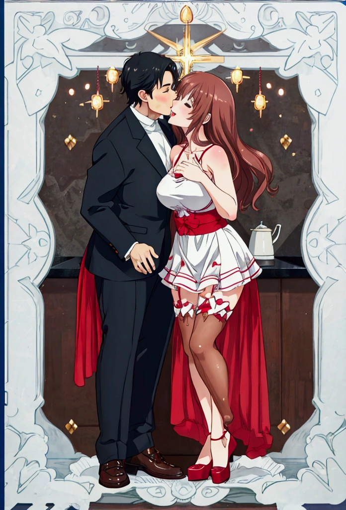 man and woman kissing, warm, romantic, kitchen, passionate, couple, fun, hyper realistic, ultra realistic, human, home vibe, happy, sexy, wallpaper, anime, full body, erotic