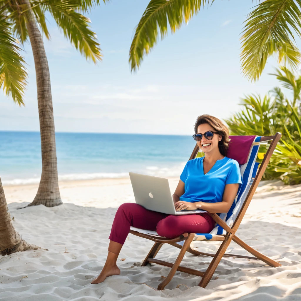 Metade desna (Marketing Digital)
fund: A sunny beach with white sand and blue sea, or a modern, well-decorated home with a panoramic view of an exotic location.
persona: the same person (for contrast effect), now wearing casual and comfortable clothes, sitting on a beach chair with a laptop or tablet in her hands, working remotely.
Additional Elements: A cocktail or juice on the side, a satisfied smile on your face and a relaxed posture. Maybe there's an open suitcase next to it, suggesting the flexibility of traveling.
atmosphere: Bright and colorful, with a feeling of freedom, joy and personal fulfillment. O sol brilha intensamente, criando um ambiente acolhedor e vibrante.
Left Text: "Traditional Work: No Freedom"
desna: "Marketing Digital: Free and Flexible Life
