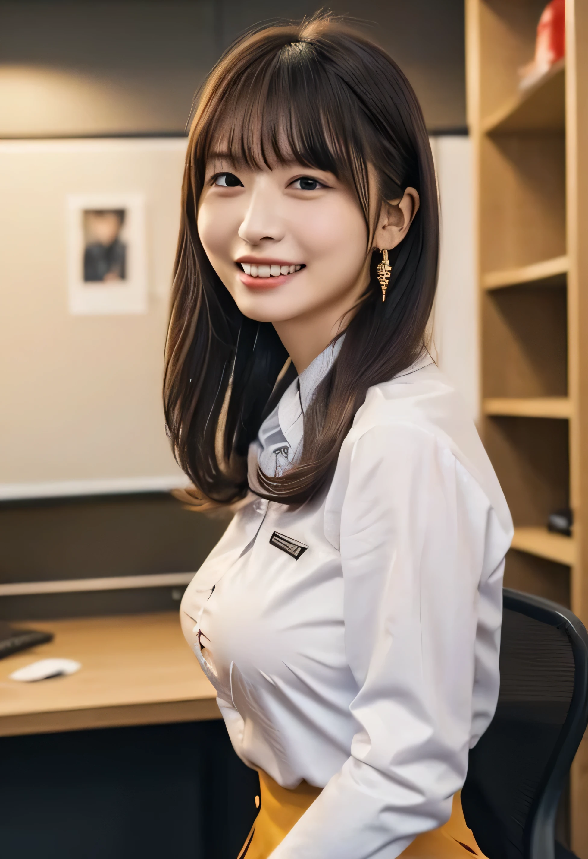 （White collared shirt、Offering tea、Tied up hairstyle、Photo from the waist up:1.4）.One Girl, Cool Biz、(Put your hands on the desk and stick your butt out、office、Her natural G-cup breasts are visible even through her clothes、Office Lady Uniform、Cute beauty, Delicate girl:1.3), (24-years-old:1.3),（Smiling with teeth showing、Cute smiling eyes、Cute loose perm、（Fluffy hair、Loose perm、Braid only the bangs:1.4）Braid only the bangs、Fluffy hair、Medium Short Hair、Wearing an office lady skirt、Round and ample breasts、Curved waist、Photo from the waist up:1.4）
Very beautiful eyes, (Office Lady Uniform:1.3), (G-cup big breasts:0.5), Brown eyes, Parted bangs, Light brown hair,
, A face of ecstasy、(The expression of ecstasy、A face of ecstasy:1.0),
, (masterpiece, Highest quality, Super detailed, Detailed face, 8k)