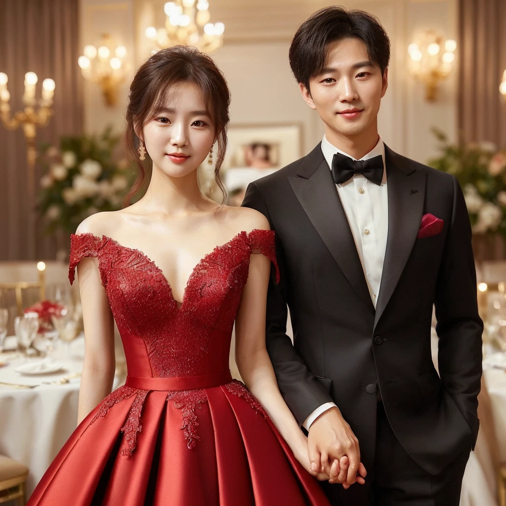 make high quality hd photos, couple sweet. a beautiful Korean woman wearing an elegant white knee-length dress, looking graceful and luxuriously elegant, is holding hands with her husband, a handsome Korean man wearing a black suit, black trousers. with a party background it looks luxurious. they look happy. looks natural, very realistic, real and clear."