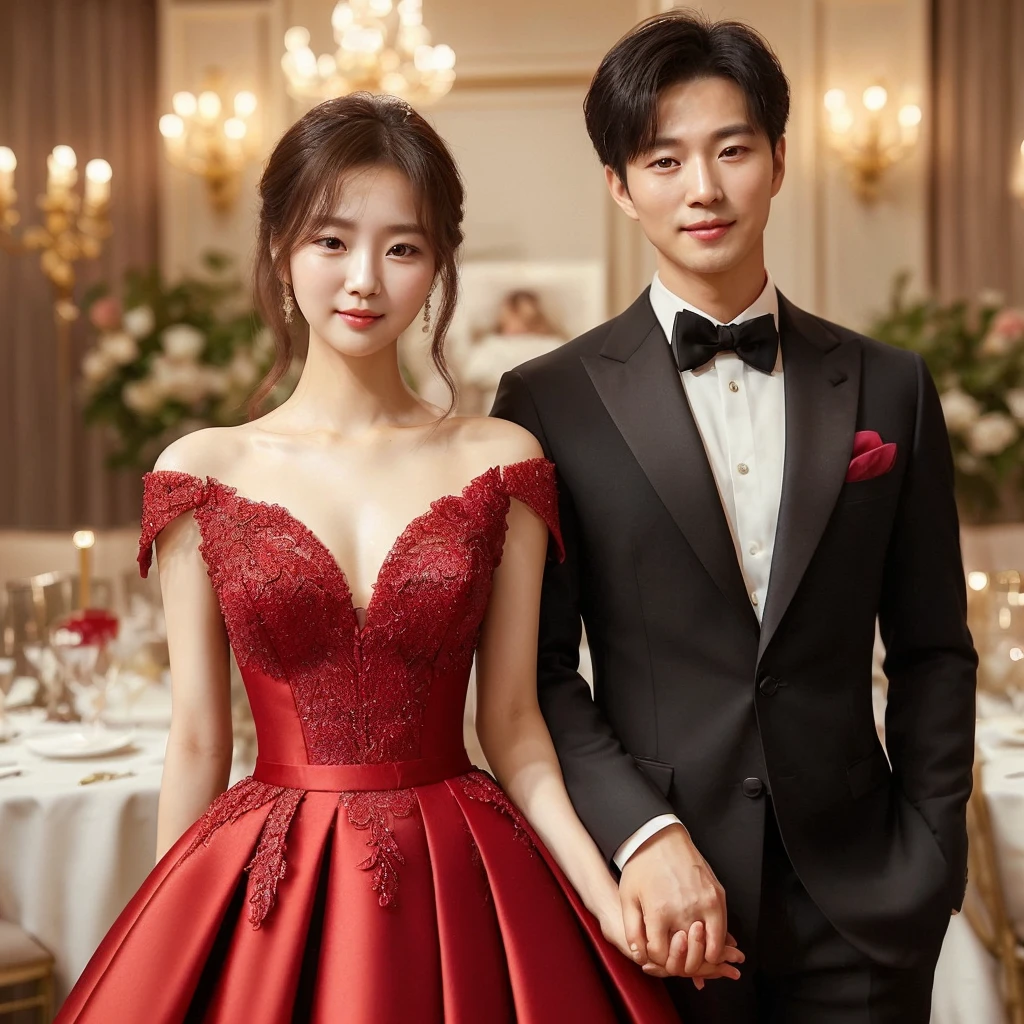 make high quality hd photos, couple sweet. a beautiful Korean woman wearing an elegant white knee-length dress, looking graceful and luxuriously elegant, is holding hands with her husband, a handsome Korean man wearing a black suit, black trousers. with a party background it looks luxurious. they look happy. looks natural, very realistic, real and clear."