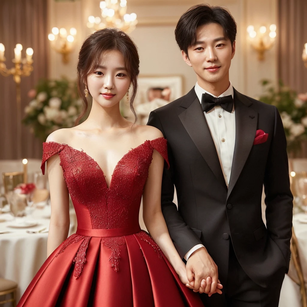 make high quality hd photos, couple sweet. a beautiful Korean woman wearing an elegant white knee-length dress, looking graceful and luxuriously elegant, is holding hands with her husband, a handsome Korean man wearing a black suit, black trousers. with a party background it looks luxurious. they look happy. looks natural, very realistic, real and clear."