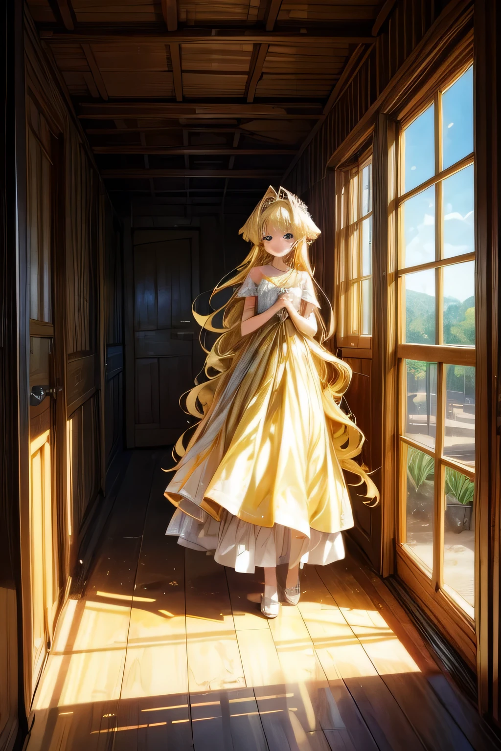 Princess blonde golden boy long dress gorgeous proud second dimension in the dilapidated hut