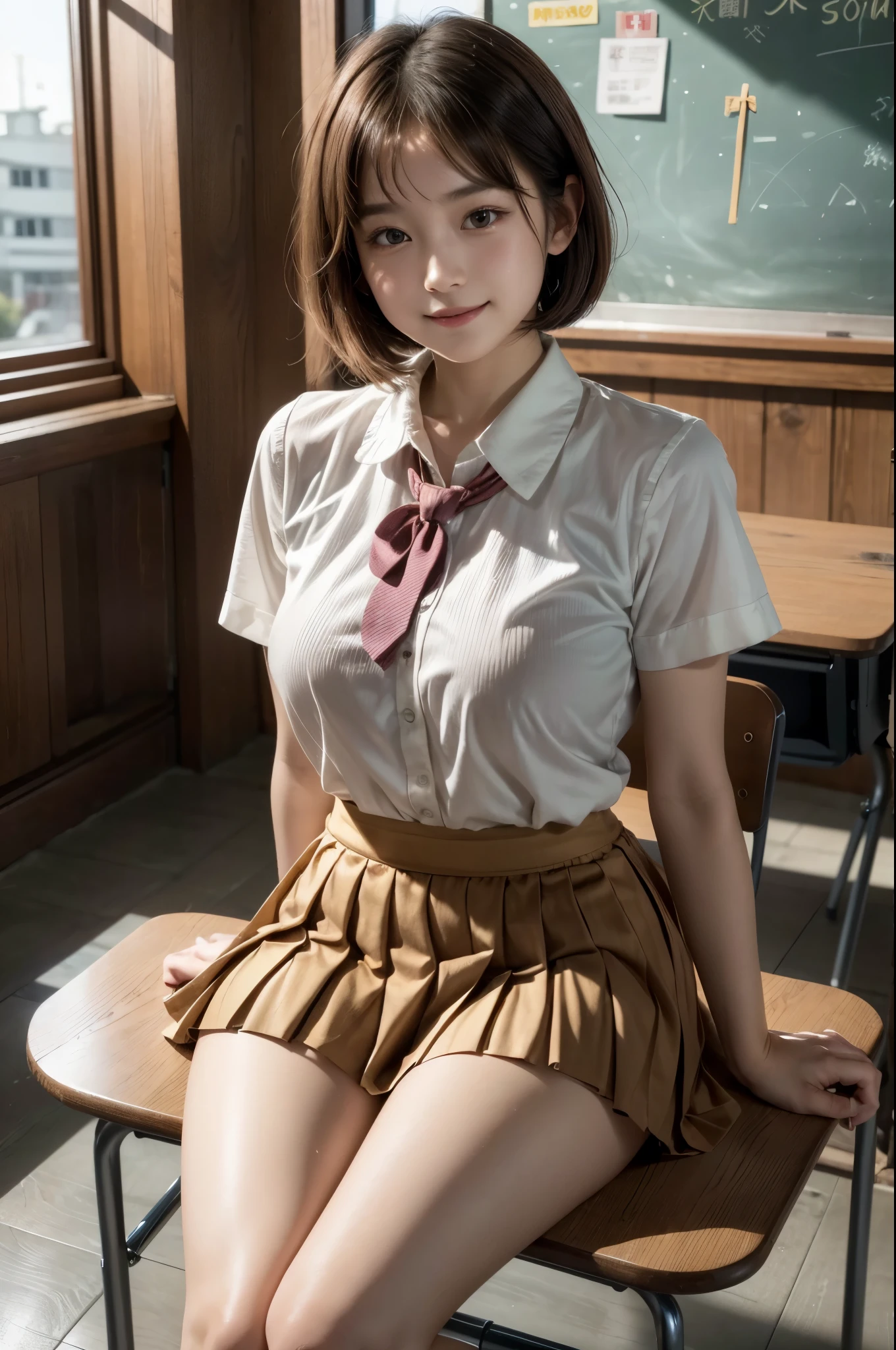 ((Ultra-high resolution photos)), (highest quality:1.2), (Perfect Beautiful Face 1.2), (Perfect and beautiful posture:1.2), (1 Japanese Cute girl:1.5), ((solo:1.5)), (round face:1.2), (Cheerleader:1.2), (cute face), Short woman, ((Big and ample breasts:1.2)), ((Big Ass)), Slim Muscular body, ((Brown Short Bob Hair:1.2)), Sharp eyes, Looking into the camera, ((Small Head:1.5)), joyful laugh, ((White shirt with ribbon tie)), ((Pleated mini skirt)), (sitting on a chair in the classroom), natural light,