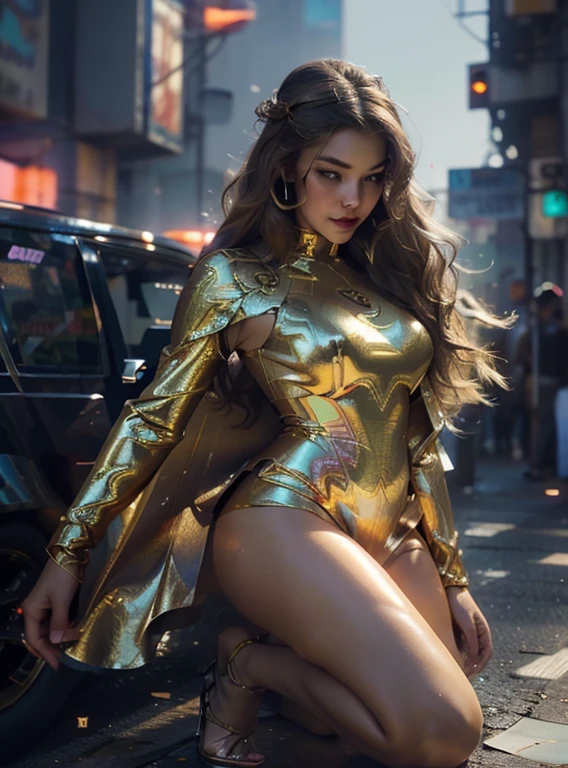 create a super beautiful photo of a semi chubby goddess, wearing a beautiful floral gold dress with crown and halo, gorgeous legs, cinematic effect, extremely detailed, with intricate details, shinny, expensive, glorious, photorealistic, hyper realistic, glowing skin, gold holograpic shine effect on skin, HD quality, 8k, half body shot, long wavy hair, cyberpunk futuristic city background