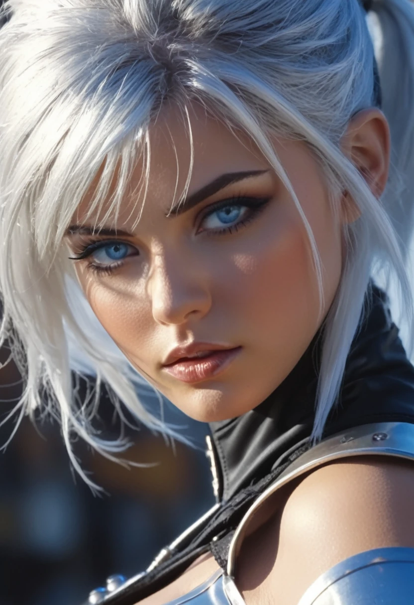dynamic series of drawings showing a silver haired and blue eyed warrior girl., 8k, ultra high res, ultra detailed, hd,(well designed face), amazing face, (super detailed), beautiful eyes, soft lighting,, outdoors, streets,, URUSHISATO,1980s,, beautiful detailed eyes,mechanical parts, asymmetrical hair,thigh highs, latex suit,cleavage,