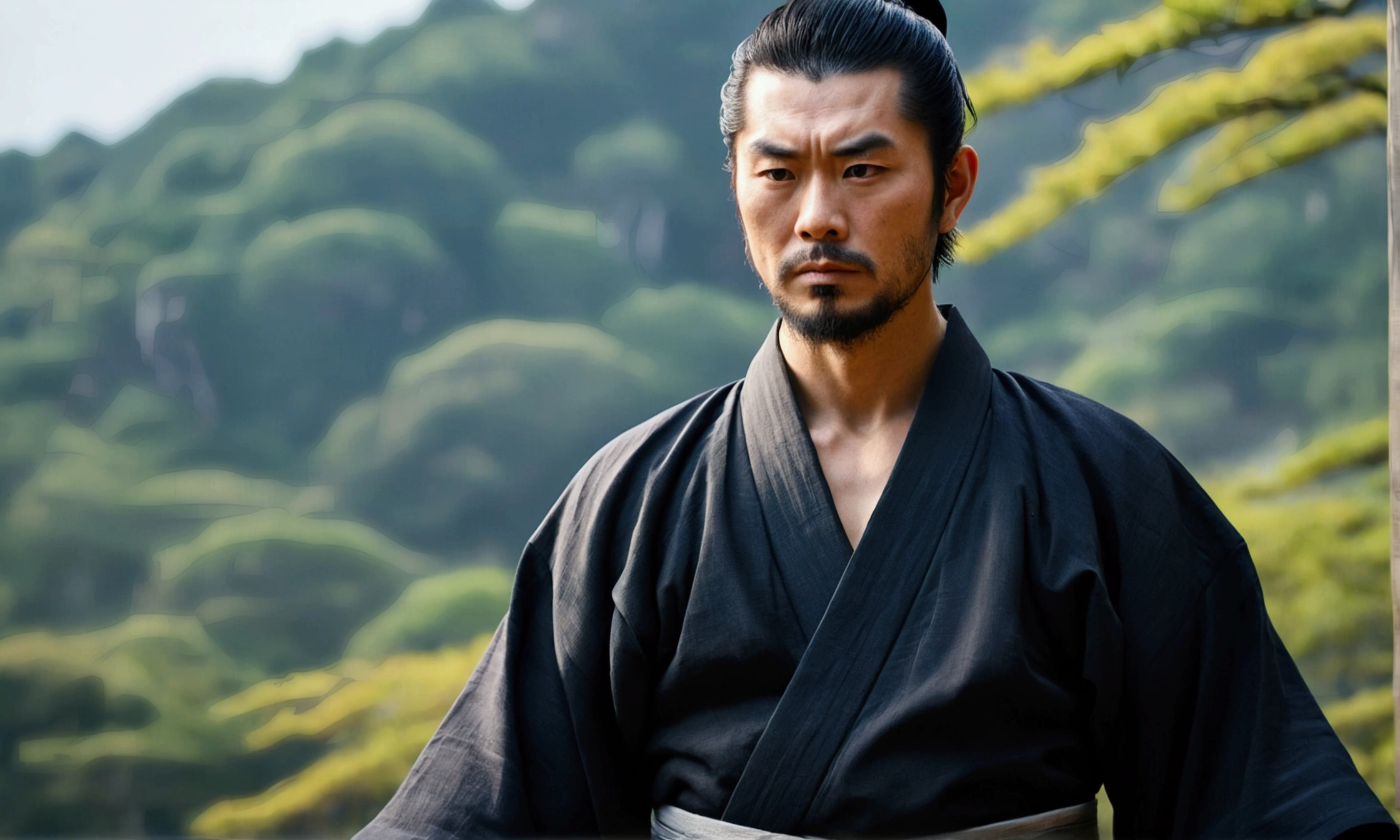 Create a samurai image, Showcasing his unparalleled skills, narrative poem, 8k,samurai, Realistic effect of wearing black hakama, Blur the background, 8k, シネマテイスト日本のsamurai。He has a look of dignified, manly determination.，Short black hair and a short, neatly trimmed beard。He was wearing a tattered kimono on his chest and back.。With the highest quality，High-resolution cinematic experience,face and body facing forward，Keep your back straight。