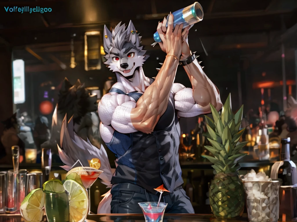 ((trending on E621, trending on Furaffinity digital media, trending on Artstation, trending on twitter , digital painting, digital media, digital paint, digital illustration, (((masterpiece))) BREAK ((by vorusuarts, by kuroma, by nullghost, by raccoon21,by rabbity,by booboo)) , BREAK (((((((muscles))))))) ((((((anthro, anthrofield, wolf)))))) | break | handsomeface,((((((elderlyface)))))), age_up_face , (((wildface)))))))), ((((((((charming)))))))) BREAK (((((hyperpecs:1.4)))))))), (((detailed eyes,red_eyes:1.8))) | (((gray fur | finger claw | )))) | (((((((( gray hair | black eyebrow | short hair | black goatee hair | spiky_black_Ear_piercing))))))))) | BREAK (((((thick eyebrows))))) | BREAK (best quality | 8k | hi-res)) BREAK (((perfect face))) , BREAK ((((((cocktail_shaker)))))),((((((cocktail_shaking)))))),((((((nightclub_background)))) | BREAK ((Solo:1.8))